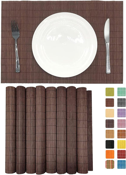 ANDSTAR Set of 8 Pcs Bamboo Placemats Sushi Rolling Mat Japanese Style Natural Anti-Slip Bamboo Placemats Washable Heat-Resistant Table Mats for Dining Room and Kitchen（Chocolate）