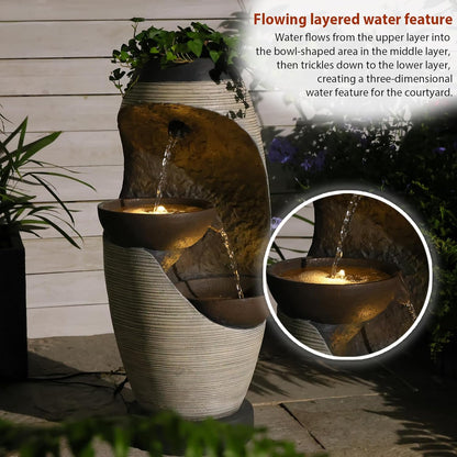 27.95''H Outdoor Garden Water Fountain, 2-Tier Bowl Shaped Floor - Standing Waterfall Fountain Indoor with LED Lights for Yard, Garden, Patio,Backyard & Home Decor