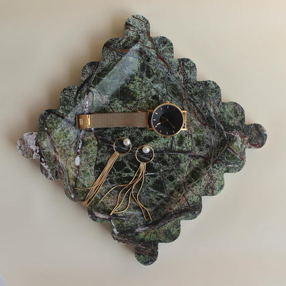 Natural Luxury Marble Tray with Scalloped Edge, Handmade Square Decorative Tray, Catch All Tray for Counter, Dresser, Nightstand and Home Décor (Rain Forest Green)