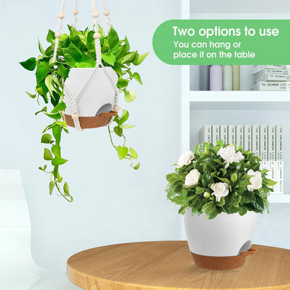 Hanging Planters for Indoor Outdoor Plants, 2 Pack Self Watering Hanging Pot with Drainage Holes, Removable Tray & 2 Kinds of Plant Hangers, 8'' Hanging Flower Pots for Home Garden Decor, White