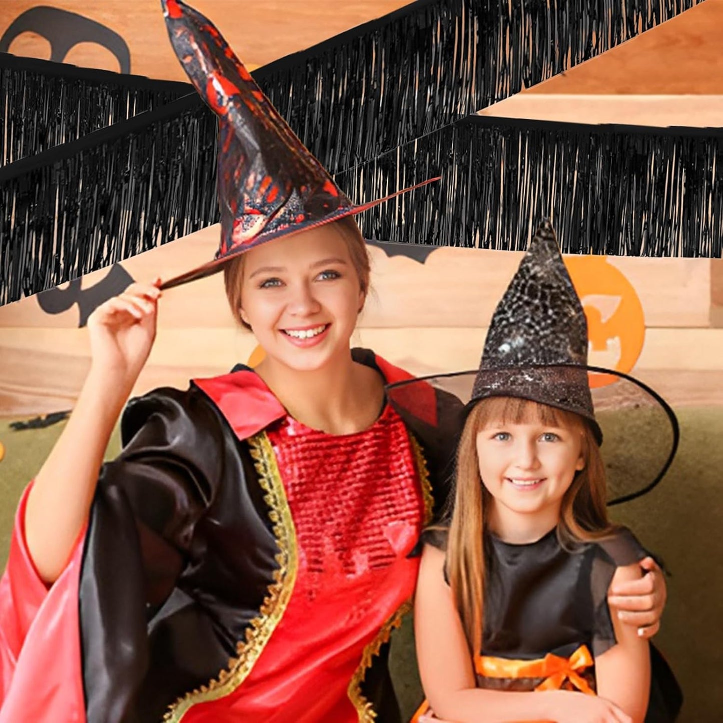 Black Foil Fringe Garland 10FT 2packs, Metallic Foil Tinsel Fringe Banners for Parade Float Decorations Wedding, Birthday Party Graduation (Two Black)