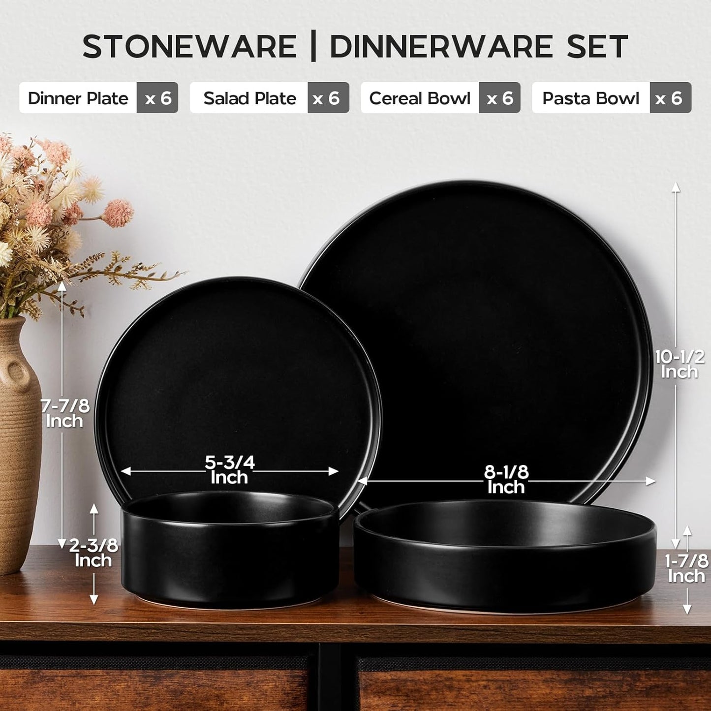 Onader 24 Piece Stoneware Dinnerware Sets with Pasta Bowls, Kitchen Dinner Dishes Set for 6, Plates and Bowls Dishware Dining Ware - Ebony Black
