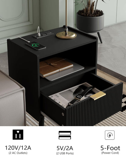 Nightstand,Modern Bedside Table with Storage Drawer and Open Wood Shelf, Accent Night Stand with Solid Wood Legs for Living Room, Bedroom and Small Spaces,Easy Assembly (Black-Outlet)
