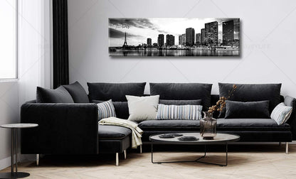 DJSYLIFE Paris Eiffel Tower Skyline Wall Art Black and White Modern City Night View Panoramic Cityscape Picture Paintings Canvas Prints Office Room Home Decoration Artwork Framed 13.8"X47.3"