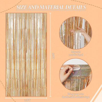 3 Pack Foil Fringe Backdrop - Laser Champagne Shiny Tinsel Curtains for Party Decoration/Photo Booth Props - 3.3x8.2 FT Metallic Foil Backdrop for Birthday, Wedding, Graduation, Christmas.