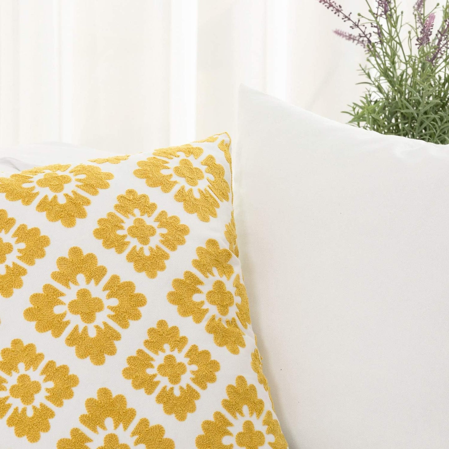 HWY 50 Mustard Yellow Decorative Throw Pillow Covers 18x18 Inch (1 Piece), Embroidered Cotton Farmhouse Cushion Cover Pillow Case for Sofa Couch Living Room Bed, Little Sunflower