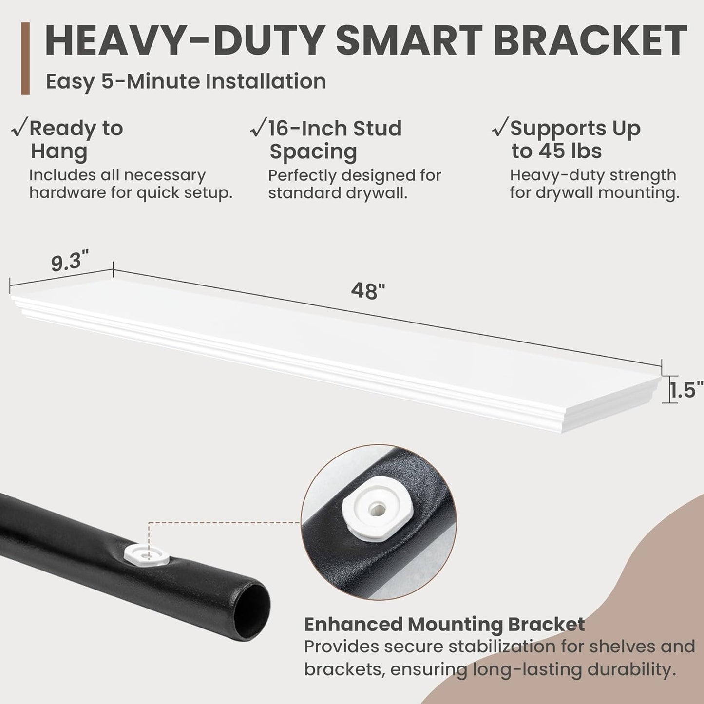 Floating Shelves for Wall, 48 Inch Long Wall Mounted White Hanging Shelf for Kitchen, Living Room, Office, Bedroom, Bathroom, Retro Vintage Wood Bookshelf for House Decor