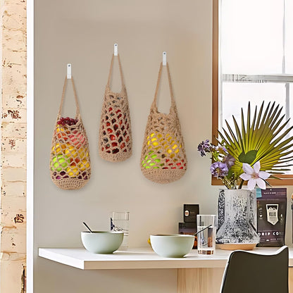 AARAINBOW Boho Wall Hanging Baskets for Kitchen Storage, Fruit Woven Wall Basket 9 Pcs, Hanging Vegetable and Onion Storage with 24 Hooks （Brown）