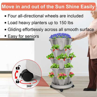 DUNCHATY Stackable Planter, Vertical Garden Planter with Wheels and Tools, Self Watering Strawberry Planter Indoor/Outdoor 5 Tier Herb Planter Pots for Growing Vegetables and Succulents,Gray