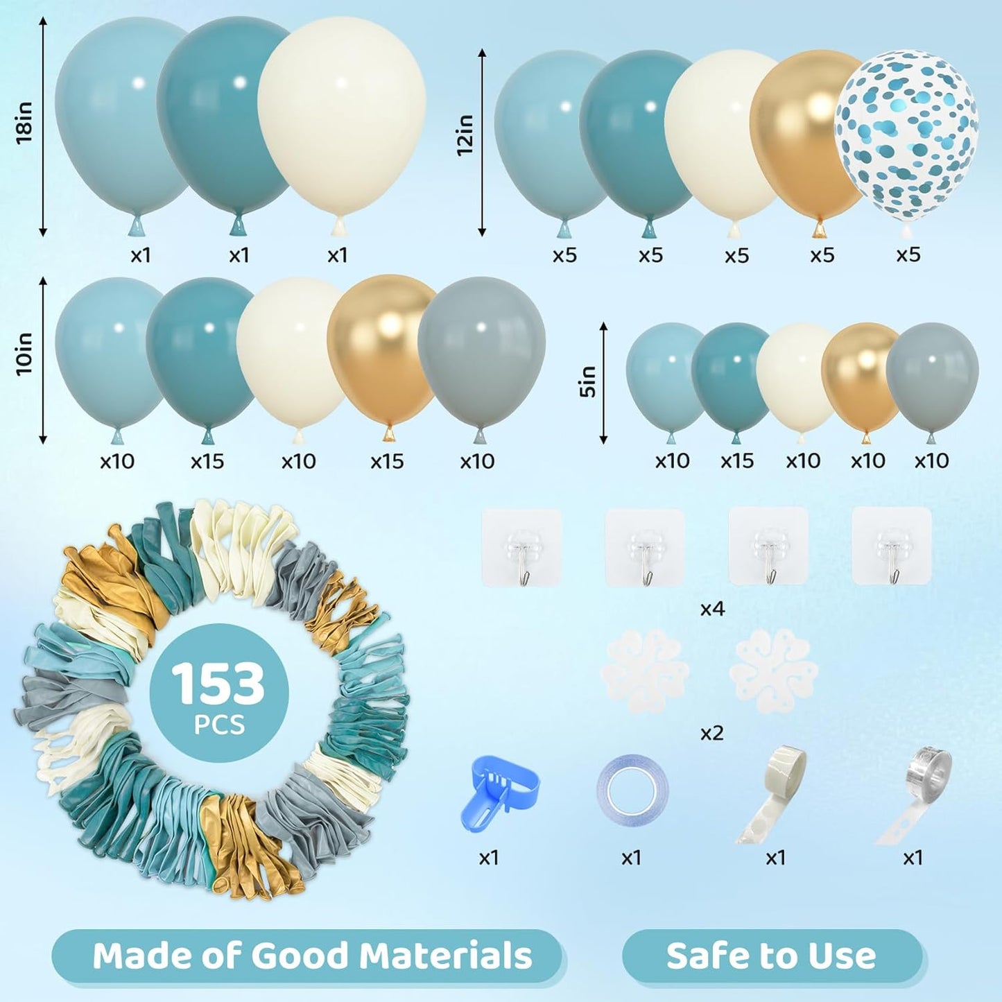 Amandir 153pcs Dusty Blue Balloon Garland Arch Kit, Different Sizes 18 12 10 5 inch Slate Fog Blue Ivory Latex Metallic Confetti Balloons for Boys Birthday Baby Shower Ocean Theme Party Decorations