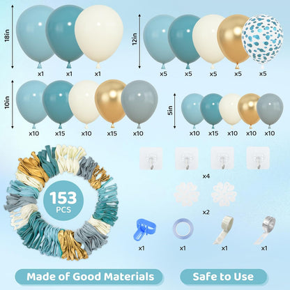 Amandir 153pcs Dusty Blue Balloon Garland Arch Kit, Different Sizes 18 12 10 5 inch Slate Fog Blue Ivory Latex Metallic Confetti Balloons for Boys Birthday Baby Shower Ocean Theme Party Decorations