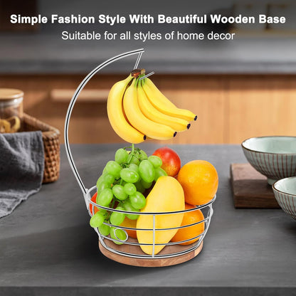 Livabber Countertop Fruit Basket Bowl with Banana Hanger, Modern Standing Fruit Vegetable Bowl Storage, with Banana Tree Holder for Kitchen Dinning Table (Round Wood, Chrome)
