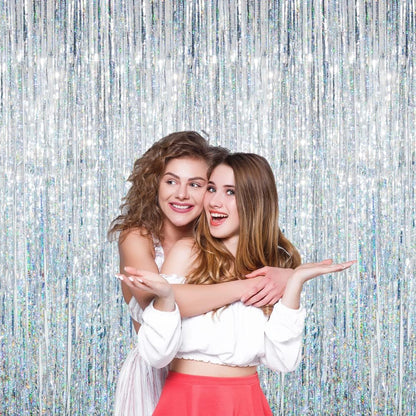 GOER 3.2 ft x 9.8 ft Metallic Tinsel Foil Fringe Curtains Party Photo Backdrop Party Streamers for Birthday,Graduation,New Year Eve Decorations Wedding Decor (5 Packs,Shiny Silver)