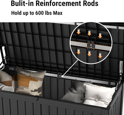 Mars Villa 119 Gallon Outdoor Storage Box Waterproof, Large Resin Deck Box for Pool Supplies Storage, Outdoor Patio Furniture Cushions, with Hydraulic Hinge, UV-Resistant and Weatherproof, Black