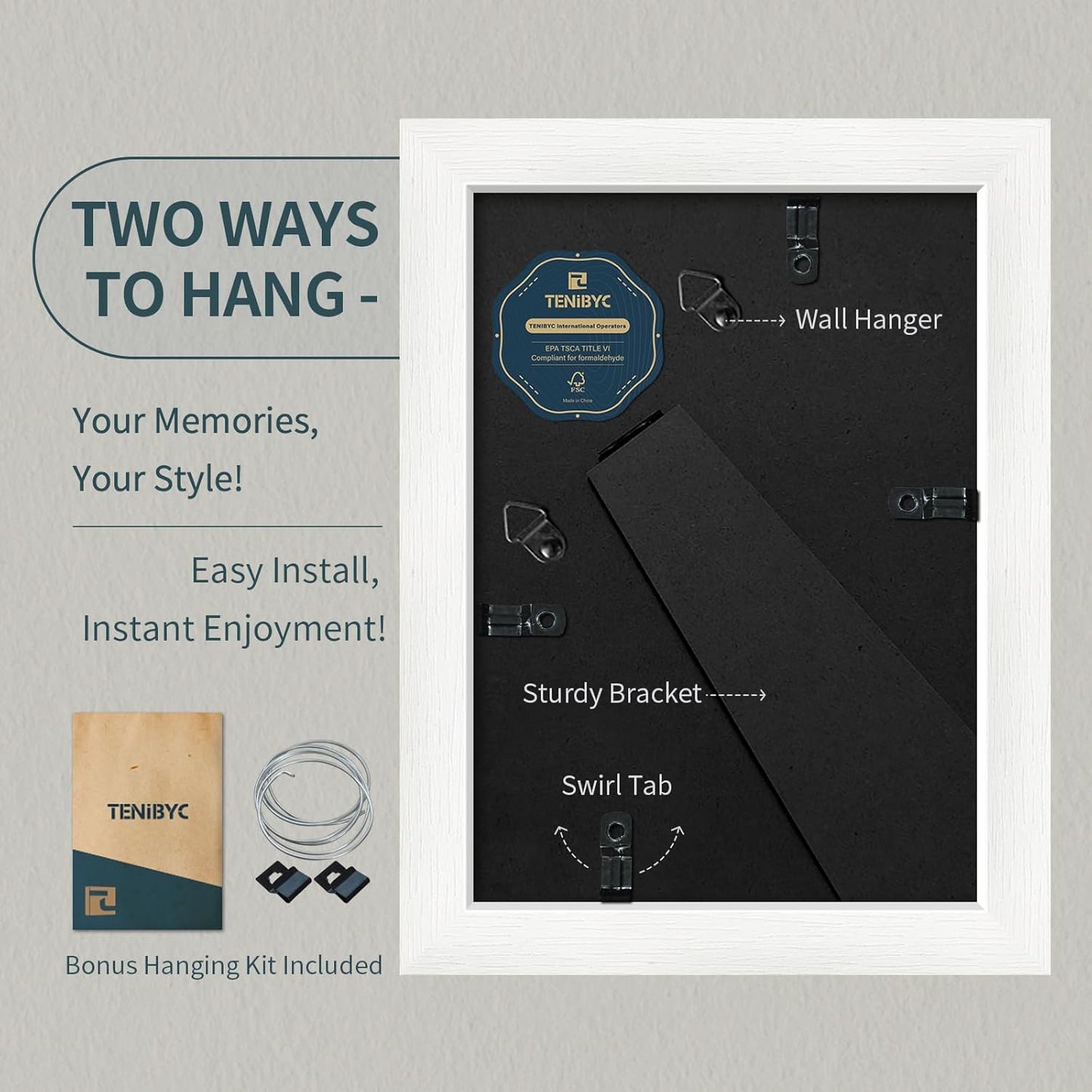 5x7 Picture Frame 3 Pack - White Woodgrain, Solid Wood & HD Tempered Glass, Table Display or Wall Hanging