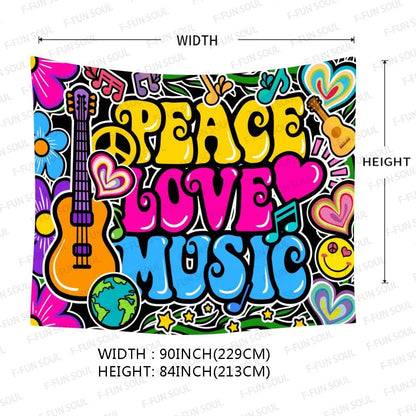 F-FUN SOUL Peace Love and Music Tapestry, 90x84inches Soft Flannel, Guitar Symbol Dove Flowers Psychedelic Art Tapestries Wall Hanging for Bedroom Living Room Decor Banner GTZYFS1204