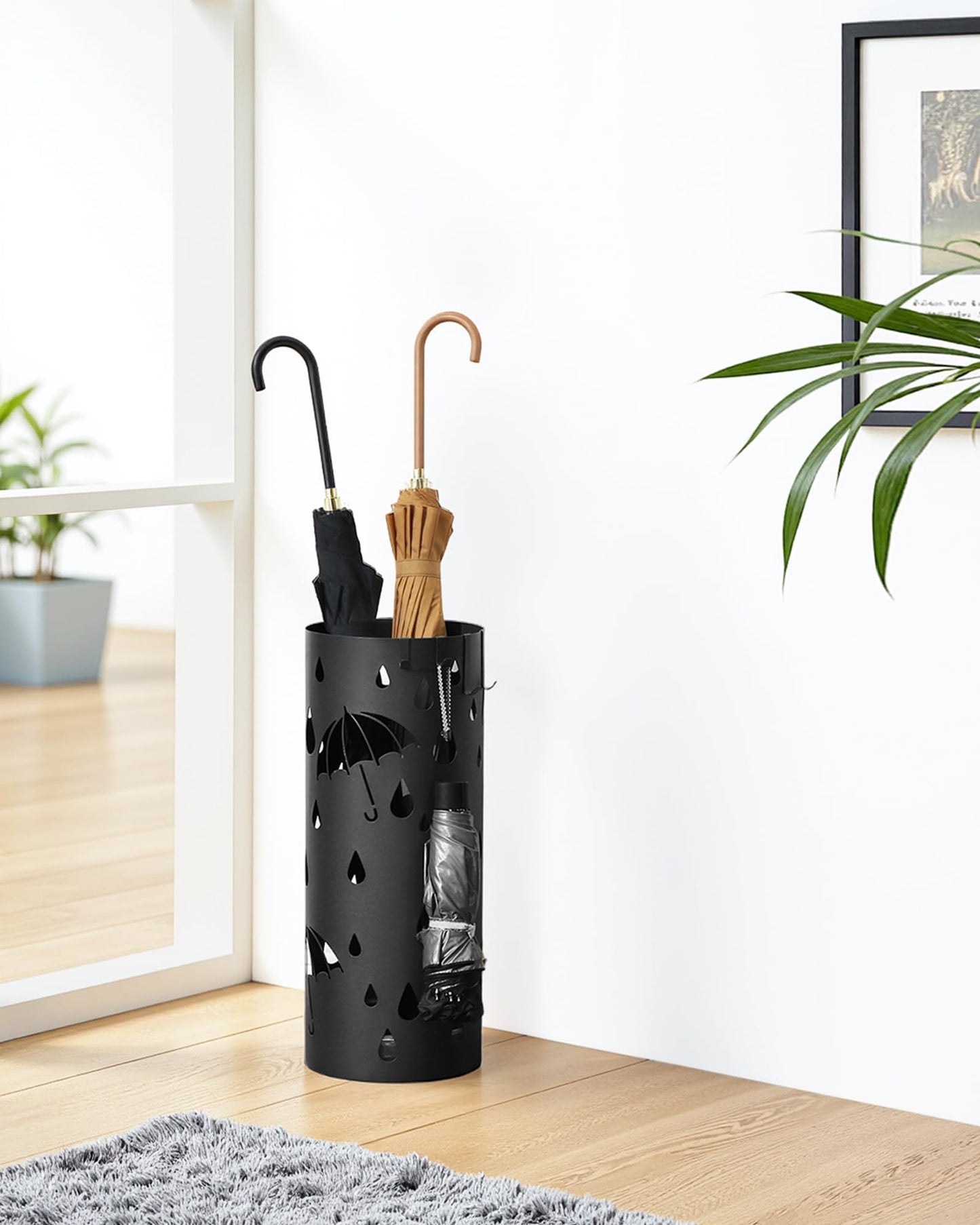 SONGMICS Umbrella Stand, Metal Umbrella Holder for Entryway, with Water Tray and 4 Hooks, 7.7 x 7.7