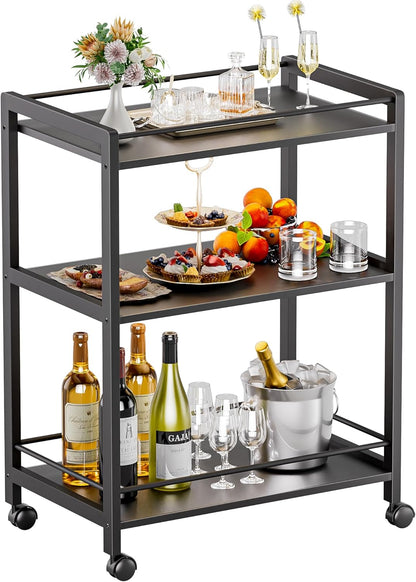 HITNET Bar Cart Black, Serving Cart for Home, 3 Tier Drinks Cart with Wheels, Rolling Beverage Cart for Kitchen Dining Living Room