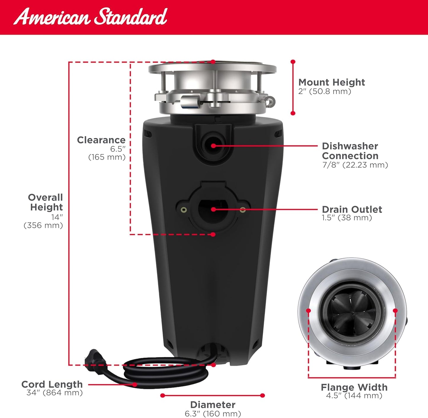 American Standard 10-US-AS-12-SL Garbage Disposal Anti-Jam Stainless Steel Food Waste Grinding System, Slim Line, 1.25 HP, Black