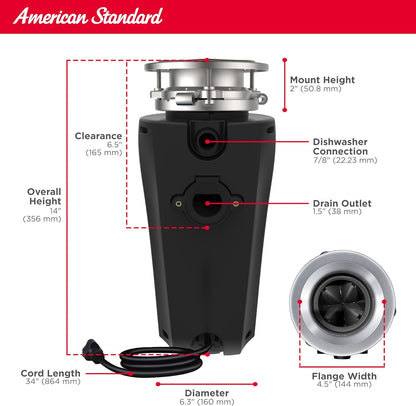 American Standard 10-US-AS-12-SL Garbage Disposal Anti-Jam Stainless Steel Food Waste Grinding System, Slim Line, 1.25 HP, Black