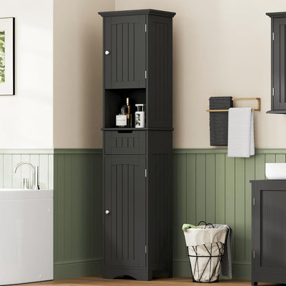 ChooChoo 67" Tall Bathroom Storage Cabinet Freestanding with Adjustable Shelves, Narrow Storage Linen Cabinet with 2 Doors and 1 Drawers for Bathroom, Living Room, Kitchen, Black