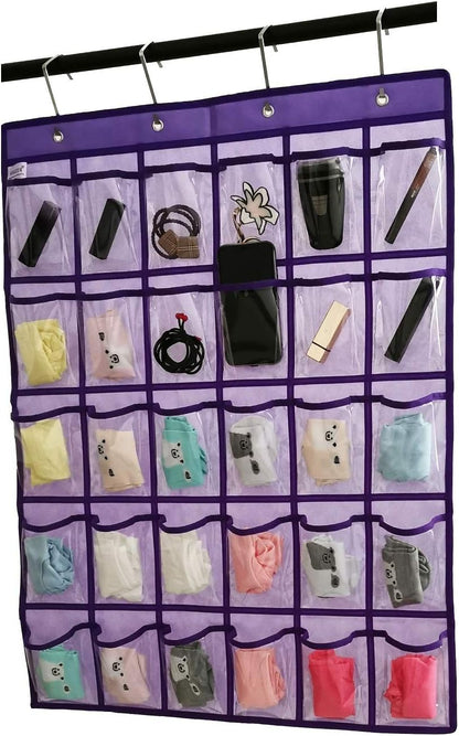Classroom Pocket Chart for Phone Calculator Holder Over The Door Hanging Closet Jewelry Organizer with 30 Clear Pockets (Purple)
