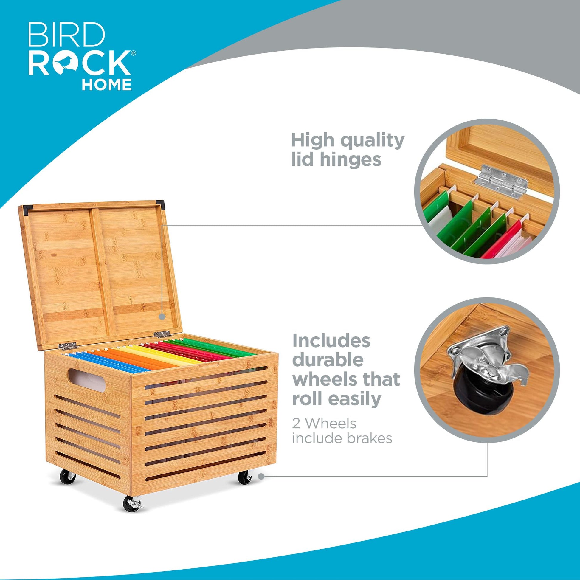 BIRDROCK HOME Rolling File Storage Organizer Box with Lid - Bamboo Decorative Wood Hanging File Box