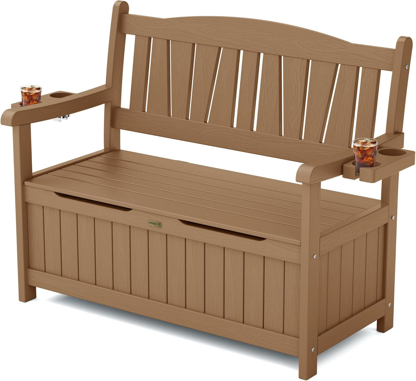 YEFU Outdoor Storage Bench for Patio: Heavy Duty Garden Bench with 96° High Backrest & Oversized Seating - HIPS Weatherproof Patio Bench with Storage for Porch Park Backyard, Teak