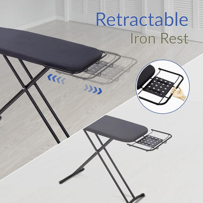 Ironing Board 48" x 15" with Retractable Iron Rest, RAINHOL Heavy Duty Full Size Iron Board, Sturdy Wide Frame with Thick Padding Cover, Height-Adjustable, Black