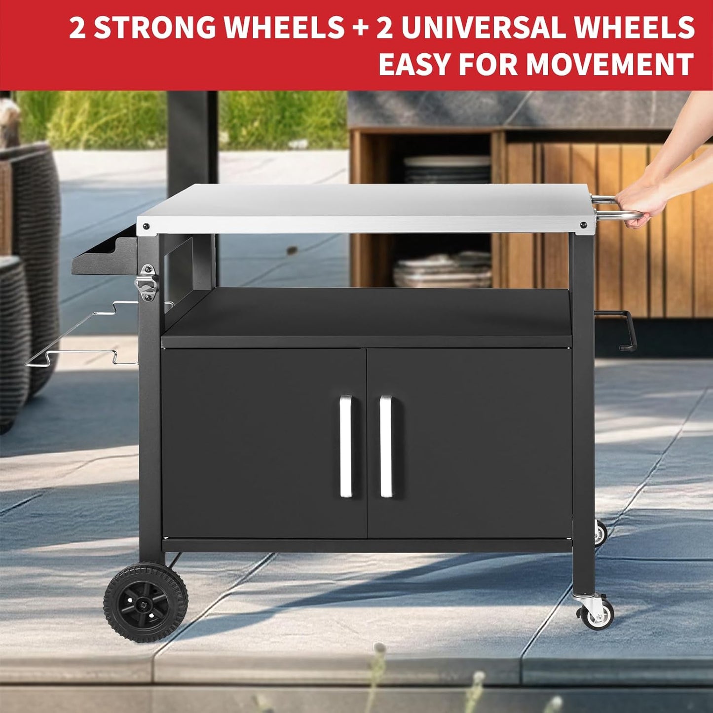 Grill Cart Table with Big Storage Cabinet, Movable Outdoor Dining Cart Pizza Oven Stand, Kitchen Cart Island Multifunction Food Prep Table Stainless Steel Surface