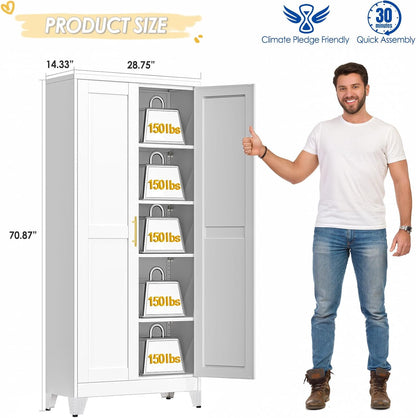 71" Tall Metal Storage Cabinet with 2 Doors and 4 Adjustable Shelves, Kitchen Pantry Cabinet White Freestanding Cupboard, 5 Tier Multifunctional Steel Storage for Office, Kitchen, Dining Room