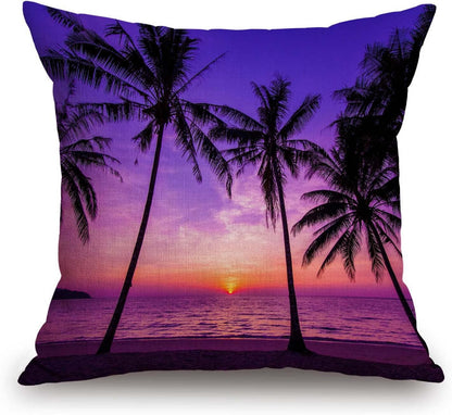 TSSOHU Sunset Beach Pillow Cover 18x18 Inch Tropical Palm Tree Landscape Cotton Linen Cushion Cover for Home Sofa Chair Decor Farmhouse Pillow Case