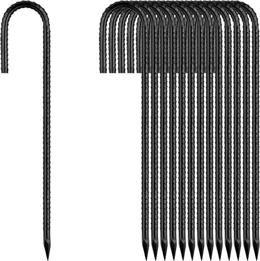 Rebar-Stakes-12-Inch, Ground Stakes Heavy Duty J-Hook Black Coated Anti-Rust Heavy Duty Ground