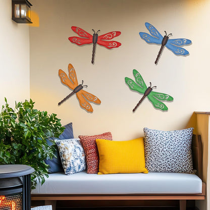 Metal Dragonfly Wall Decor, 4 Pack 14inch Retro Metal Dragonfly Wall Hanging Sculpture Decor for Outdoor, Yard Patio Fence Garden Outside Decorations
