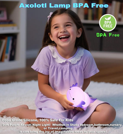 HAPPYBAG Axolotl Night Light,Cute Axolotl lamp Gifts for Kids,Dimmable Silicone Animal Nursery Night Light,Kawaii Rechargeable Bedside Touch Lamp,Baby Room Decor Axolotl Light