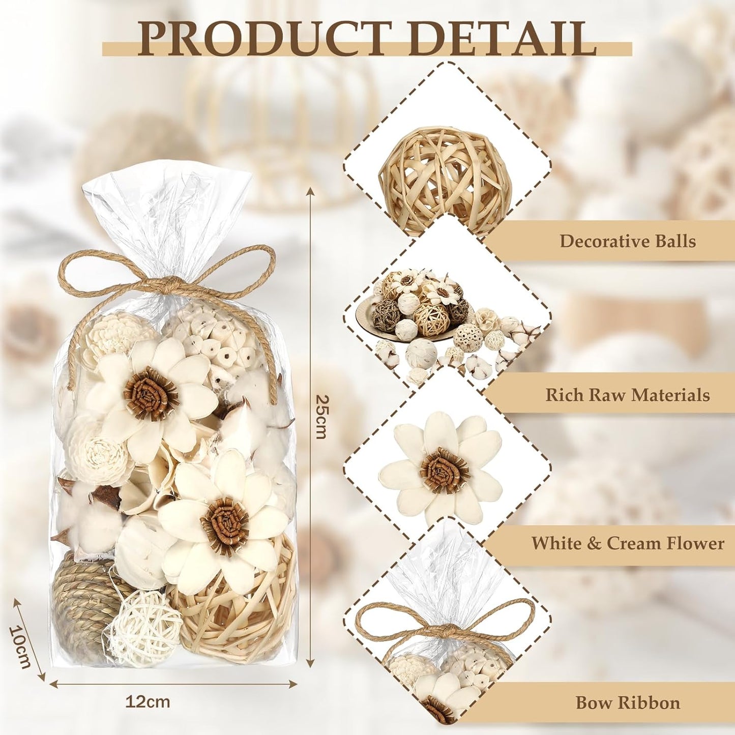 Riceshoot 2 Pack Decorative Balls Potpourri Bowl Filler Decor Natural Vase Bowl Filler Assorted Spherical Rattan Twigs Wicker Balls Cotton for Home Centerpiece(White)