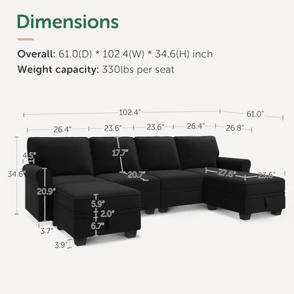 HONBAY Sectional Sofa with Storage Seat Velvet U Shaped Couch with Reversible Chaise Convertible Sectional Couches for Living Room,Black Velvet