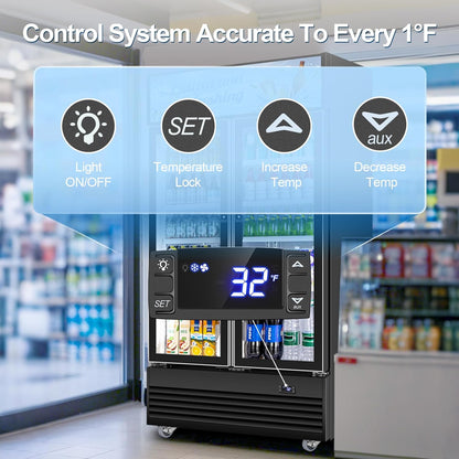 Tylza Commercial Refrigerator, Double Glass Door Display Beverage Fridge, 28.1 Cu Ft Upright Beverage Cooler Merchandiser with Replaceable Advertising Light Board, Rebound Door, Fast Cooling, Black