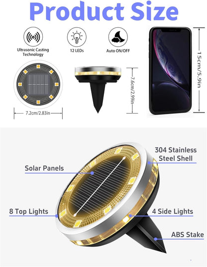 Solar Ground Lights Outdoor 12 Pack Waterproof, Upgraded Solar Garden Lights with 4 Side Light, Stainless Steel Solar Powered Disc Landscape Light for Walkway Pathway Lawn Yard Patio Deck-Warm White