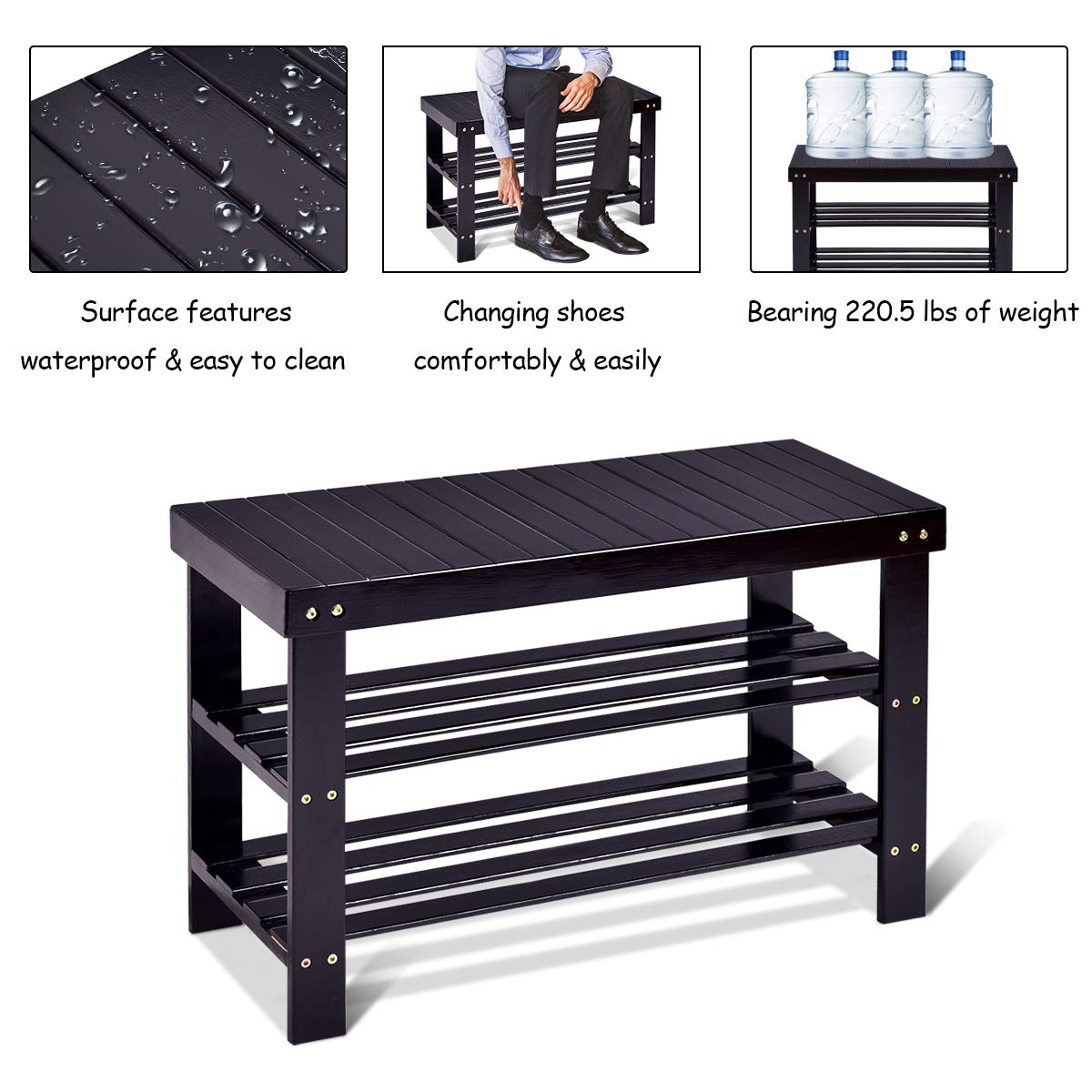 GOFLAME Shoe Bench Rack, 2-Tier Bamboo Seat Storage Shelf, Free Standing Shoe Storage Bench with