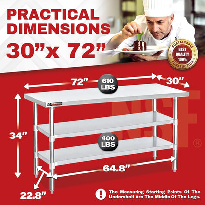 DuraSteel Food Prep Stainless Steel Table - 30 x 72 Inch Commercial Metal Workbench with Adjustable Under Shelf - NSF Certified - for Restaurant, Warehouse, Home, Kitchen, Garage