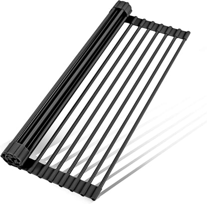 LEMIKKLE Roll Up Dish Drying Rack 17" x 13", Over The Sink Dish Drainer Rack, Foldable Sink Drying Rack, Anti-Slip Silicone Wrapped Dish Drainer for Kitchen Counter (Black)
