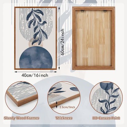 KAIRNE Boho Plant Wall Art Set of 3,Blue Bohemain Framed Canvas,Abstract Geometric Line Wall Painting,Modern Nature Prints,Botanical and Moon Wall Art for Living Room Bedroom Office - 3Pieces,16”X24”