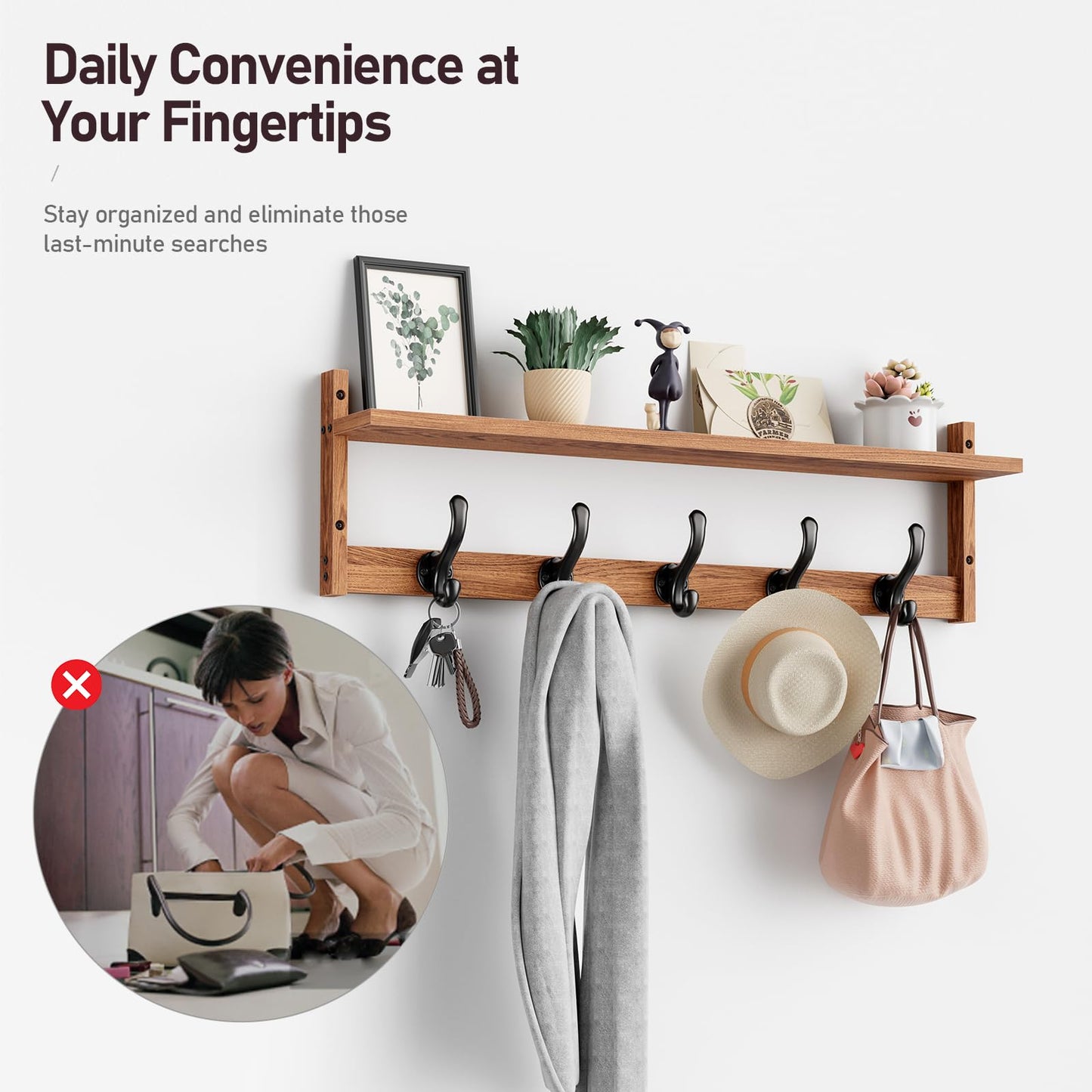 Tatub 29'' Coat Rack Wall Mount with Shelf, Wood Wall Hooks with Storage, Entryway Shelf with 5