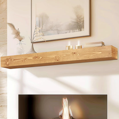 72x8x5 Fireplace Mantel - Handcrafted Rustic Solid Wood Wall Mounted Floating Shelf with Invisible Heavy Duty Wood Bracket (Natural)