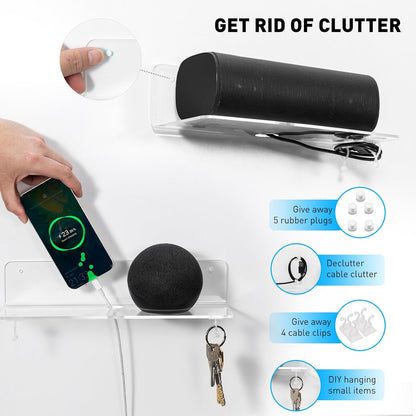 OAPRIRE Clear Acrylic Floating Shelves Set of 2 - Easily Expand Wall Space - 12 Inch Small Wall Shelf with Strong Adhesive for Bathroom, Bedroom, etc