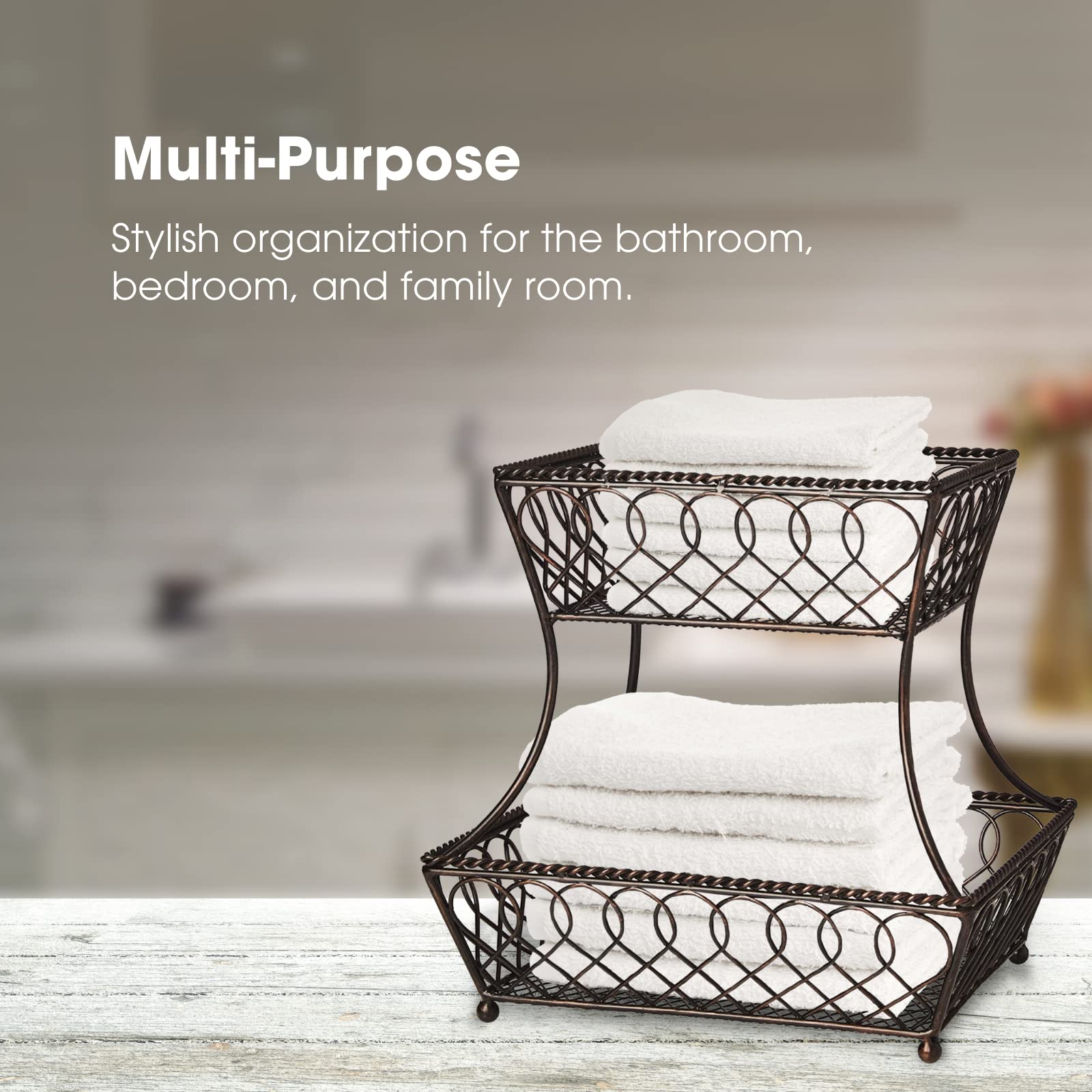 Gourmet Basics by Mikasa Loop and Lattice 2-Tier Rectangular Metal Countertop Basket, 14.25 x 12