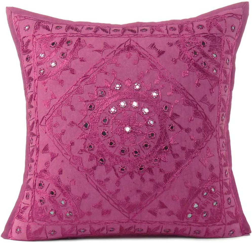 Eyes of India Embroidered Decorative Boho Throw Pillow Cover with Mirrors, Handmade Bohemian Accent Cushion Case for Sofa Couch Bedroom Living Room (Burgundy, 24" x 24")