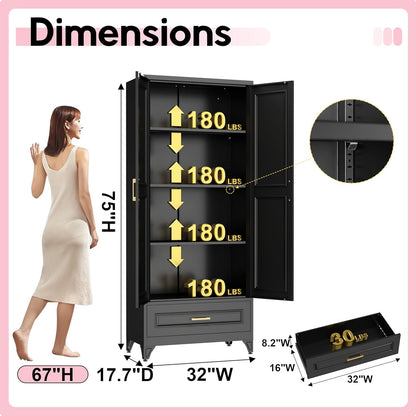 Pantry Kitchen Cabinet with Drawer, 75" Tall Pantry Storage Cabinet, Metal Storage Cabinets with Doors and Shelves, Large Freestanding Cupboard for Dining Room, Assembly Required, Black