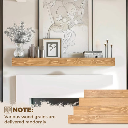 48x8x3 Fireplace Mantel - Handcrafted Hollow Rustic Solid Wood Wall Mounted Floating Shelf with Invisible Heavy Duty Wood Bracket (Natural Wood)